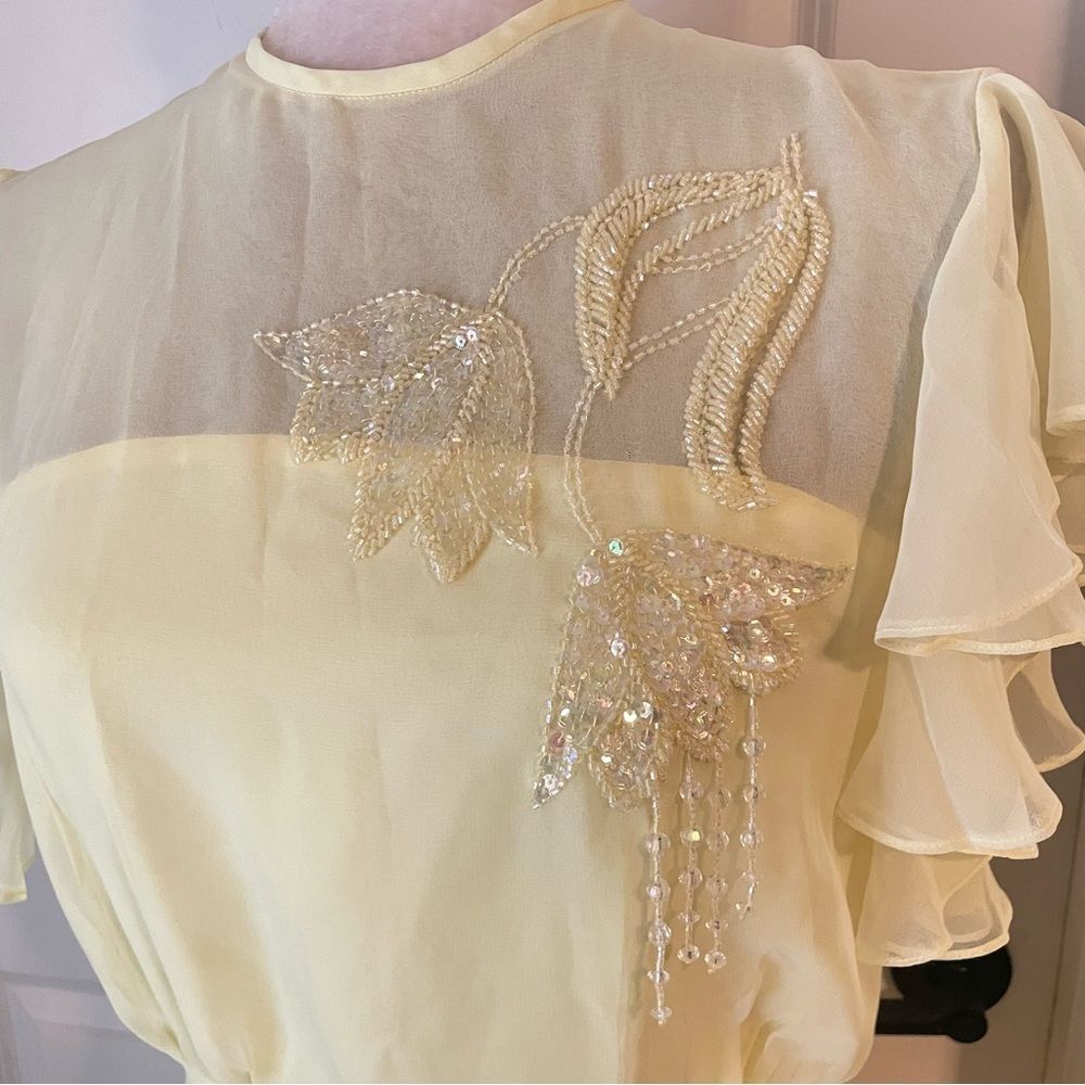 70s Jack Bryan Pale Butter Yellow Chiffon Evening Maxi Dress Size small - Picture 6 of 9